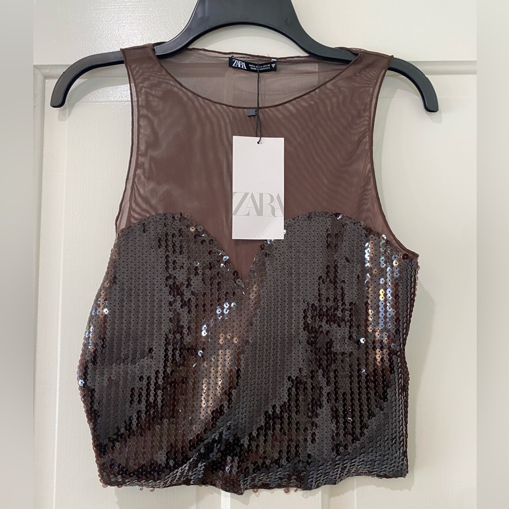 Zara Brown Sequin Tulle crop top NWT
